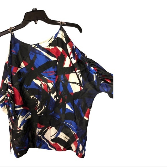 Michael kors chain link strap brush paint pattern cold shoulder blouse top sz XS - Picture 1 of 13